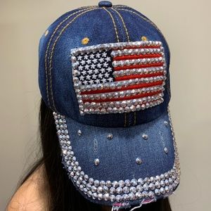 Blue denim jean American flag cap with bling
